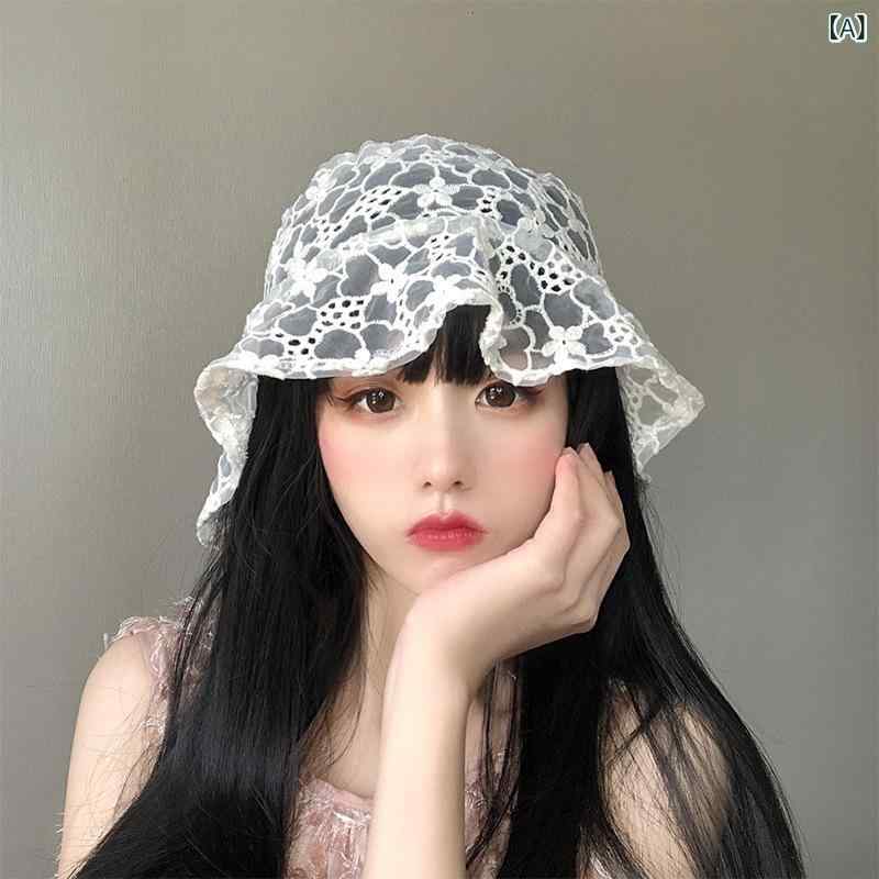 麦わら帽子 レディース ハット 蕾絲 透かし編み 花柄 シースルー バケットハット ...