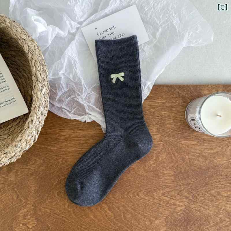セキュアデポの靴下 レディース 春夏秋 中筒ソックス 刺繍 リボン コットン 吸汗 防摩擦 シンプル カジュアル 4色セット｜アングル3