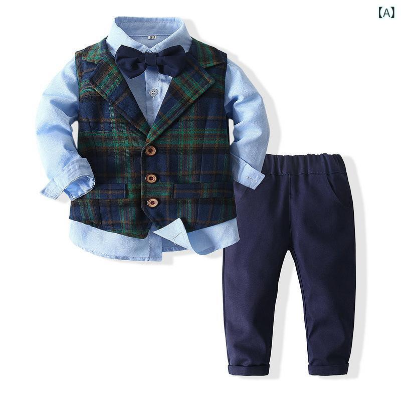 ・カテゴリ: 子供服セット・対象性別: 男児・スタイル: 欧米風・セット内容: ジャケット、シャツ、ズボン（3点セット）・対象年齢: 3〜8歳・袖丈: 長袖・パンツ丈: 長ズボン・生地加工: ソフト加工・厚さ: 普通・柄: チェック・デザイン要素: セットアップ、チェック、ブリティッシュ、トレンド・主な素材: 綿 ・安全基準: B類・前開き仕様: シングルブレスト・カラー展開: ライトブルー・サイズ展開: 80cm、90cm、100cm、110cm、120cm