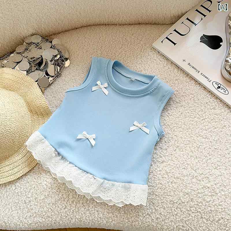 ・カテゴリ: 子供用Tシャツ・対象性別: 女の子・スタイル: スウィート、キュート・フード: なし・袖丈: ノースリーブ・対象年齢: 3〜8歳（身長100〜140cm）・生地加工: 柔軟処理・柄: 無地・デザイン要素: リボン・主な素材: 繊維（ポリエステル）・素材含有率: 90%・安全基準: B類・ネックライン: クルーネック・機能: 抗菌・カラー展開: ブルー、ホワイト、ブラック、ピンク・展開サイズ: 90cm、100cm、110cm、120cm、130cm、140cm