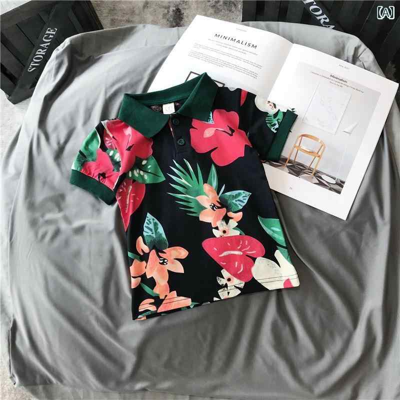 ・カテゴリ: 子供用Tシャツ・対象性別: 男の子・スタイル: 韓国風・対象年齢: 3〜8歳（身長100〜140cm）・主な素材: 綿 95%・安全基準: B類・カラー展開: ブラック（花柄POLOシャツ半袖）、ホワイト（花柄POLOシャツ半袖）、ホワイト（ショートパンツ）、2点セット（ブラック半袖＋ホワイトショートパンツ）、2点セット（ホワイト半袖＋ホワイトショートパンツ）・サイズ展開: 90cm、100cm、110cm、120cm、130cm