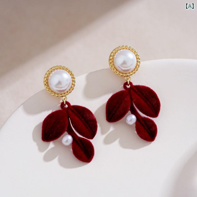 ピアス レディース ボルドー ベルベット 葉 リーフ フレンチ レトロ パール アクセサリー 電気メッキ加工 耳飾り 上品 フェミニン 大人 カジュアル