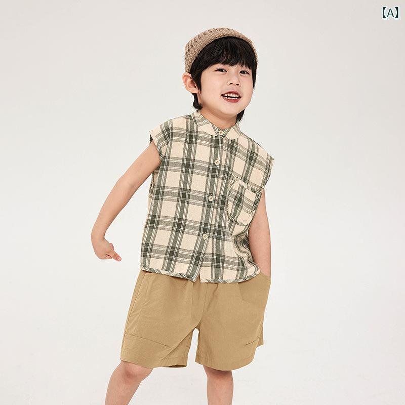 ・カテゴリ: 子供用タンクトップ/キャミソール・対象性別: 男児・スタイル: 韓国風・袖の長さ: ノースリーブ・対象年齢: 中小童（3〜8歳、100〜140cm）・柄: チェック・主な素材: 綿 65%、ポリエステル 35%・ネックライン: スタンドカラー・フード: フードなし・カラー展開: グリーン・対応身長: 90cm、100cm、110cm、120cm、130cm、140cm