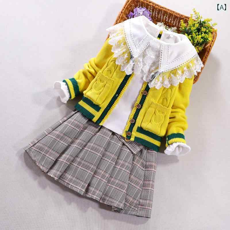 子供服 女の子 キッズ セットアップ 秋冬 裏起毛 かわいい プリンセス スカート ニット セーター 長袖 3点セット フォー カジュアル レース 花柄 三点セット