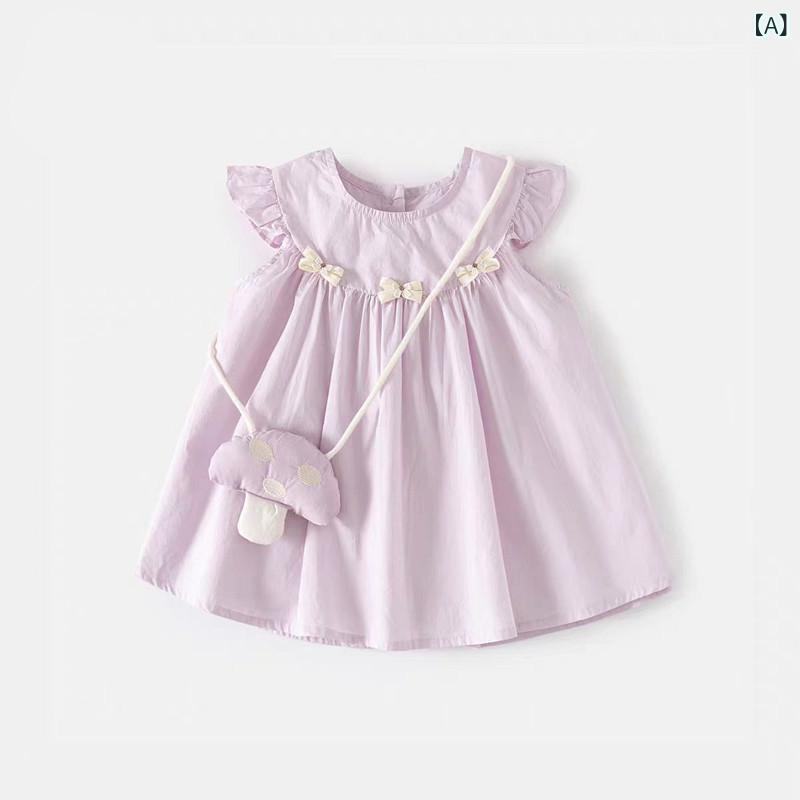 ・カテゴリ: ワンピース・スタイル: 姫系・主な素材: 綿 50%、ポリエステル 50%・対象: ガールズ・対象年齢: 3〜8歳（身長100〜140cm）・柄: 無地・生地加工: 柔軟加工・袖丈: ノースリーブ・シルエット: プリンセスライン・カラー展開: パープル、グリーン、ピンク・サイズ展開: 80、90、100、110、120