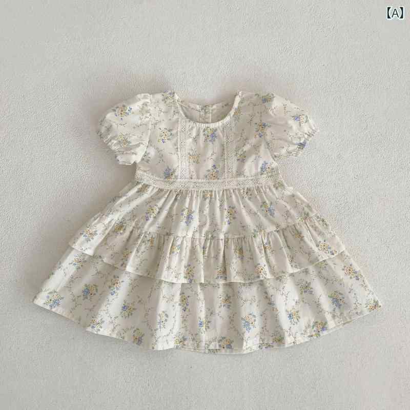 ・カテゴリ: ワンピース、子供用ドレス・スタイル: 韓国風・主な素材: 綿・柄: 花柄・袖丈: 半袖・デザイン: フリル、レース・対象性別: 女の子・対象年齢: 3歳〜8歳（対応身長100cm〜140cm）・カラー展開: レース花柄、ホワイト青花柄・サイズ展開: 66cm、73cm、80cm、90cm、100cm、110cm、120cm、130cm