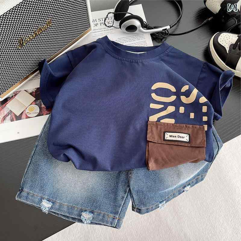 ・カテゴリ: 子供服セットアップ・対象性別: キッズ（男の子）・スタイル: カジュアル・セット内容: トップス、ボトムスの2点セット・対象年齢: 1～3歳（身長80～100cm）・袖丈: 半袖・ボトムス丈: ショートパンツ・生地加工: ソフト加工・生地の厚さ: 薄手・柄: アルファベット・主な素材: 綿 95%・安全基準: B類・着用タイプ: プルオーバー・カラー展開: ブルー、ブラウン・サイズ展開: 80cm、90cm、100cm、110cm、120cm
