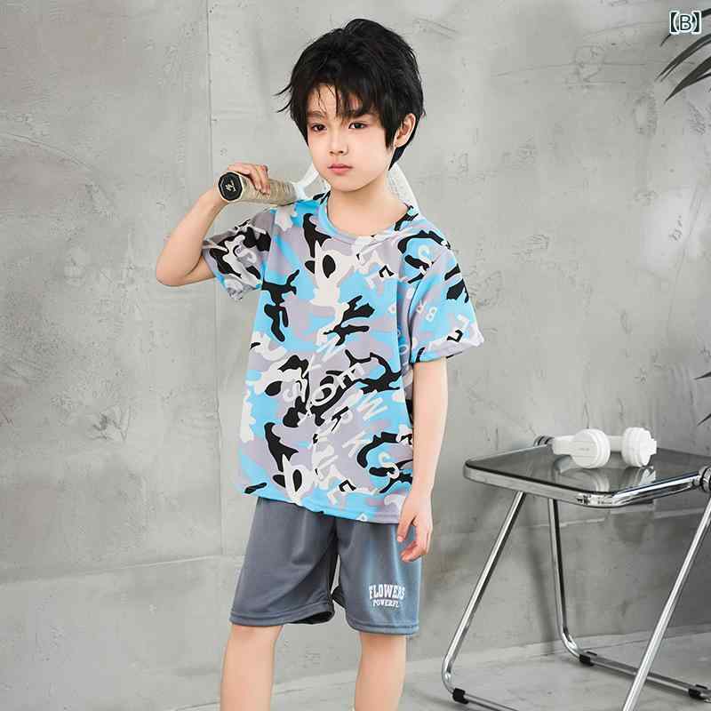 セキュアデポのセットアップ キッズ 迷彩柄 半袖 Tシャツ ハーフパンツ 男の子 女の子 ジュニア 子供服 通気性 吸汗速乾 部屋着 ルームウェア 運動着 迷彩柄 スポーツウェア トレーニングウェア｜アングル2