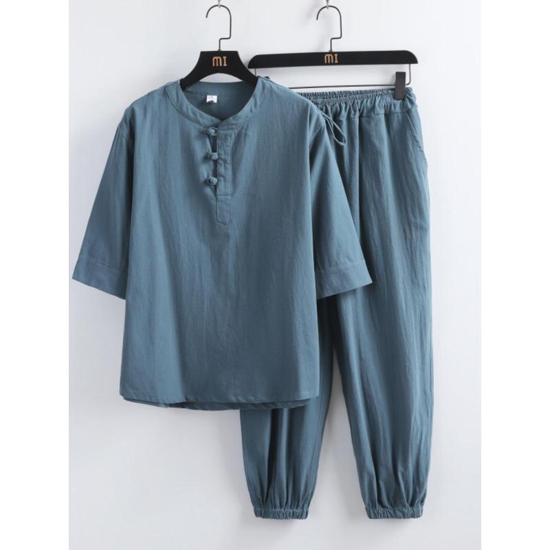 セットアップ メンズ カジュアル コットンリネン チャイナ服 ルームウェア 唐装 漢服 半袖 五分袖 部屋着 ワイドパンツ 2点セット サルエルパンツ 涼しい リラクシングウェア 無地 ゆったり 快適 通気性 春夏秋