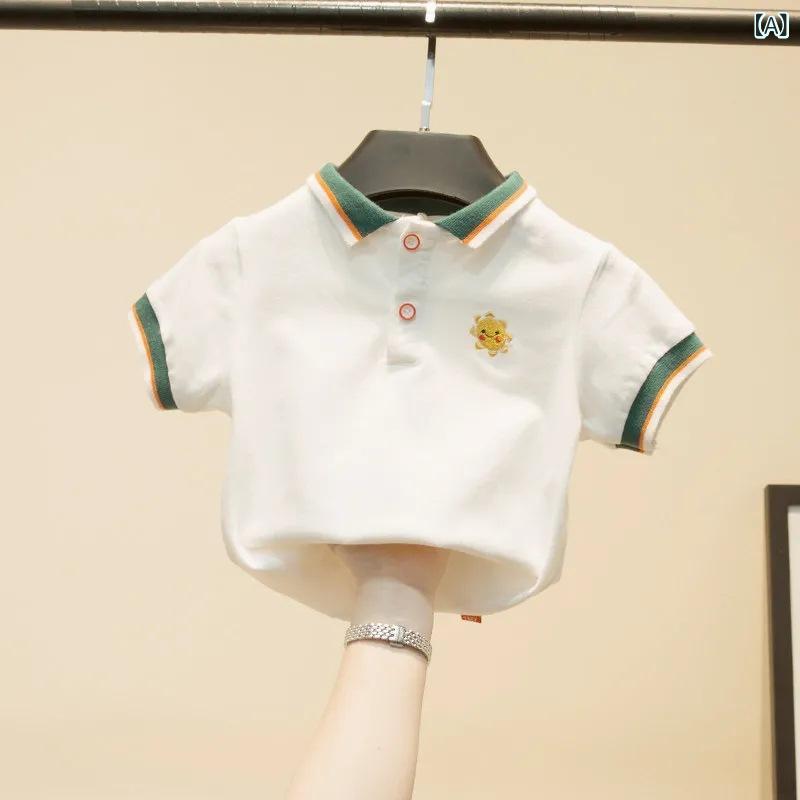 ・カテゴリ: POLO衫・スタイル: 韓国風・性別: 男女兼用・柄: 無地・カラー: ホワイト（太陽プリント付き）・サイズ展開: 90cm、100cm、110cm、120cm、130cm・加工方法: プリント・デザイン要素: カントリースタイル・素材: 綿・対象年齢: 3〜8歳（100〜140cm）