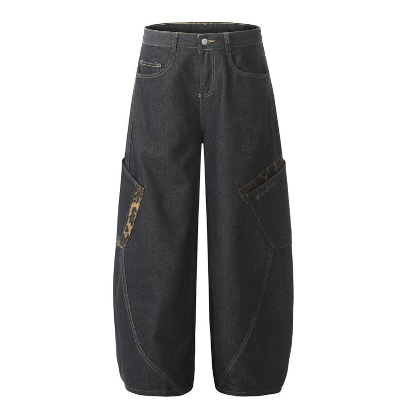 デニムパンツ メンズ 秋 ワイドパンツ ルーズストレート ロングパンツ ヒョウ柄 切り替え カーゴポケット レトロ ストリート カジュアル ボトムス