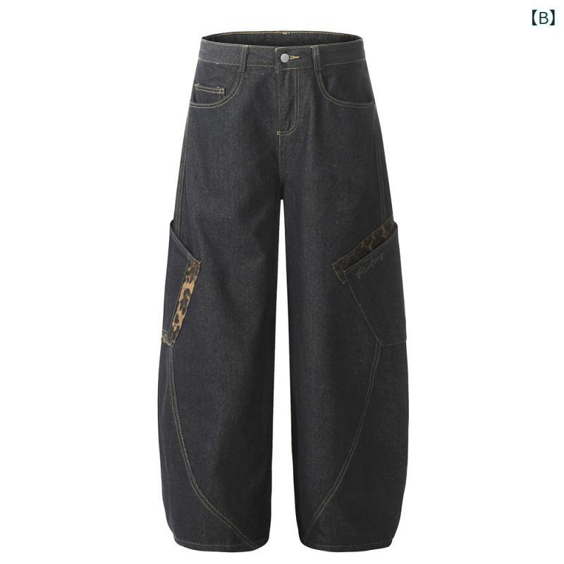 セキュアデポのデニムパンツ メンズ 秋 ワイドパンツ ルーズストレート ロングパンツ ヒョウ柄 切り替え カーゴポケット レトロ ストリート カジュアル ボトムス｜アングル3