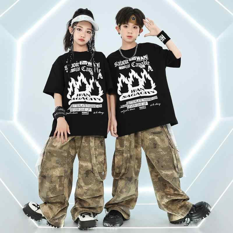 セットアップ キッズ ジュニア 男の子 女の子 半袖 Tシャツ 迷彩 ロングパンツ ヒップホップ ダンス衣装 練習着 レッスンウェア カジュアル ストリート 発表会 イベント イベント衣装 120 130 140 150 160 170