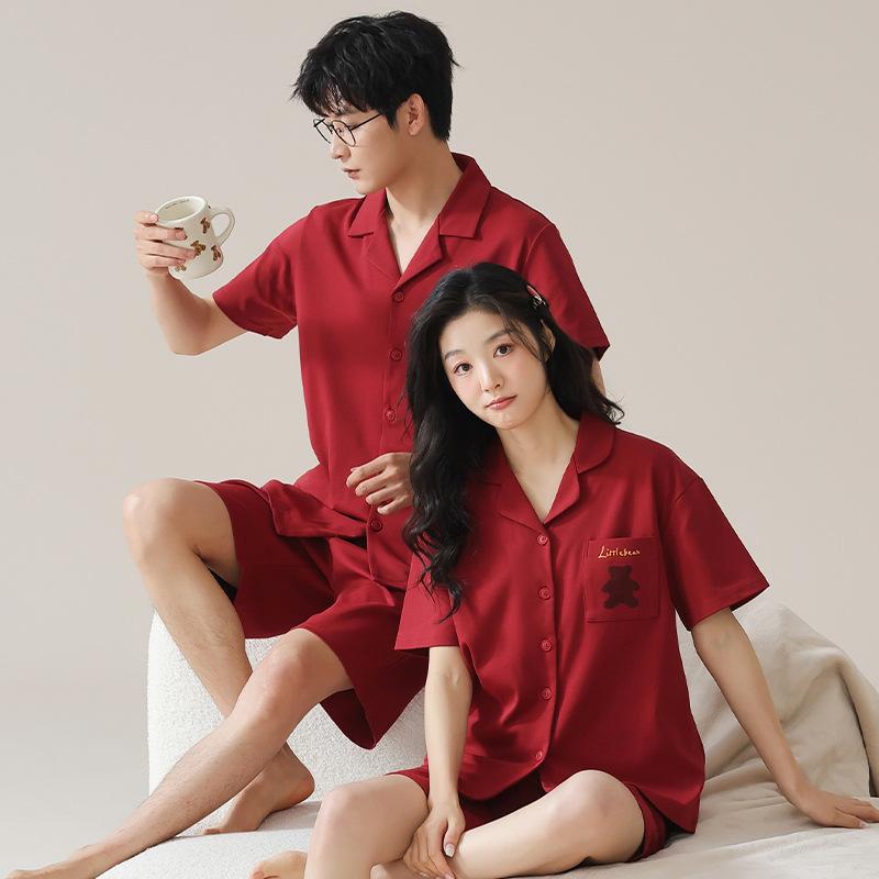 パジャマ ペア ルームウェア 春夏 コットン 半袖 短パン 前開き Vネック 通気性 伸...