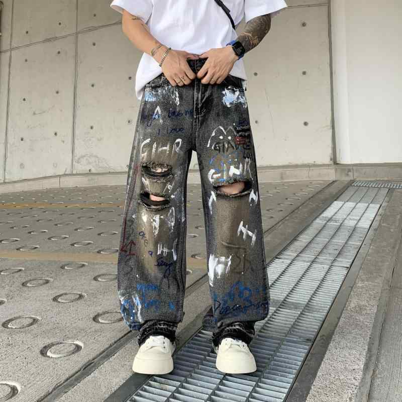 ジーンズ メンズ デニムパンツ ジーパン ロングパンツ ダメージ ダメージ 塗鴉 ペイント 潑墨 スプラッシュ ゆったり ルーズフィット ストレート ストリート カジュアル ボトムス 薄手 夏