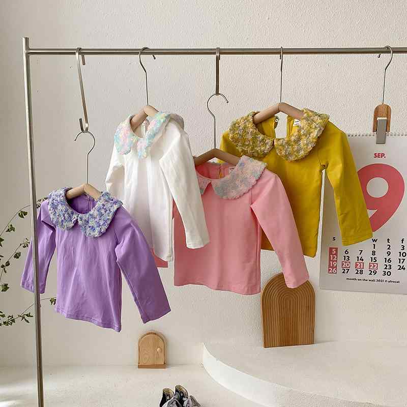 Tシャツ キッズ 女の子 長袖 カットソー トップス 襟付き フリル 花柄 コットン 吸汗速乾 春秋