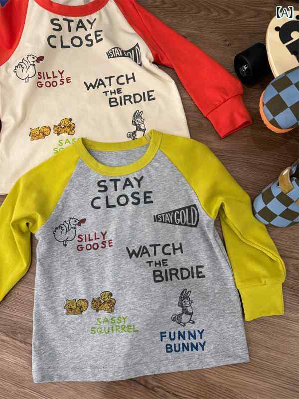 Tシャツ キッズ 男女兼用 コットン 長袖 ラウンドネック 配色 切り替え 落書き風 イラスト プリント トップス 吸湿速乾 通気性 かわいい カジュアル 春秋