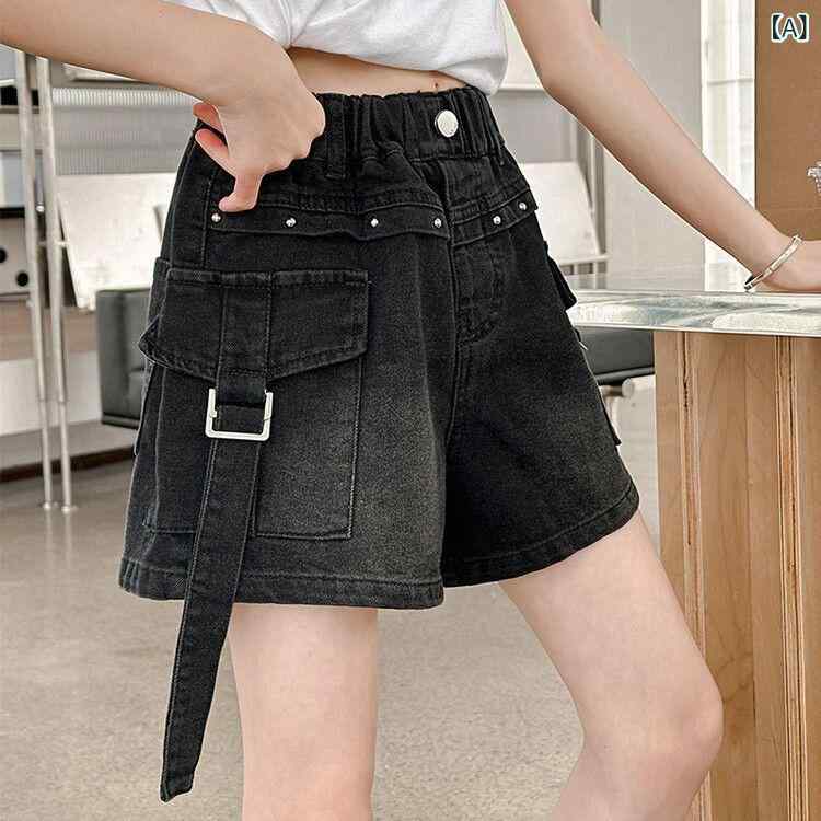 ショートパンツ キッズ 女の子 ジュニア 子供 デニム カーゴパンツ ボトムス 薄手 夏 コットン カジュアル ウエストゴム 動きやすい 通学 普段着 ジーパン 黒 無地 おしゃれ
