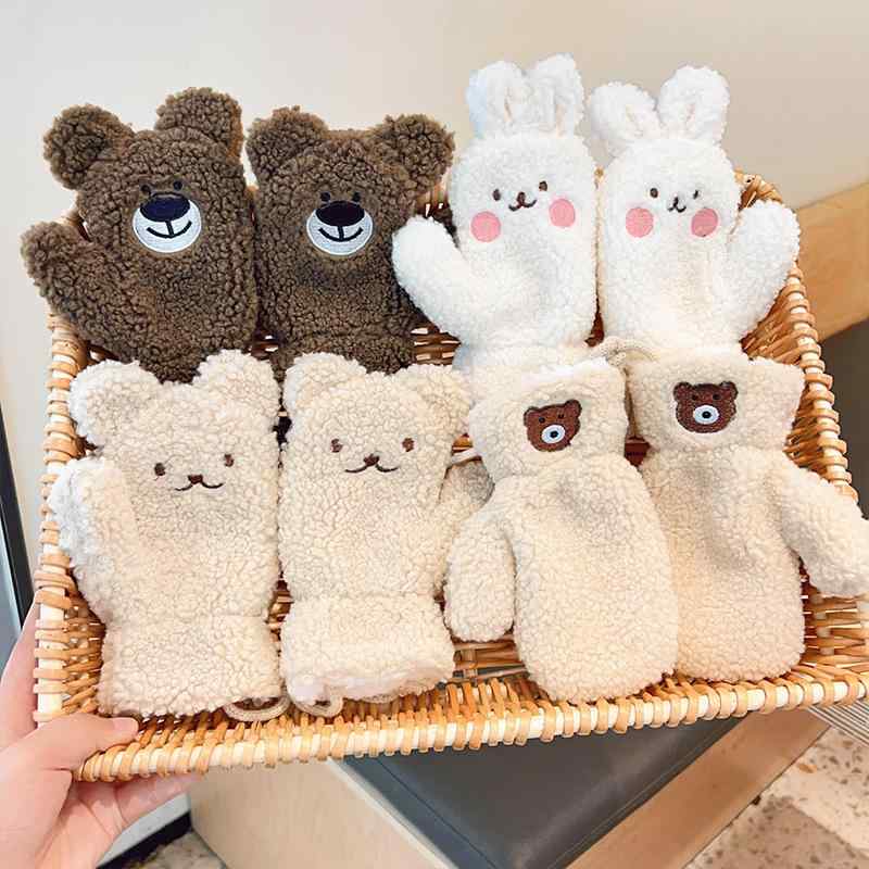 手袋 キッズ 冬 裏起毛 防寒 暖かい ミトン ネックストラップ付き クマ うさぎ キ...