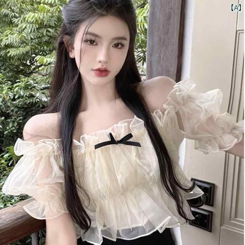 Tシャツ レディース オフショルダー パフスリーブ トップス 半袖 ショート丈 カットソー デコルテ見せ 切り替え シャーリング かわいい カジュアル 通学 デート 春夏 ベージュ