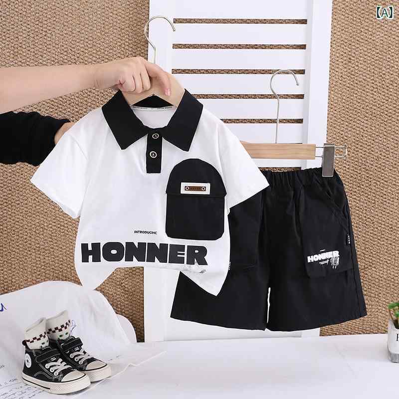 ・カテゴリ: 子供服セットアップ・対象性別: キッズ（男の子）・スタイル: カジュアル・セット内容: トップス、ボトムスの2点セット・対象年齢: 3〜8歳（目安身長100〜140cm）・袖丈: 半袖・フード: なし・パンツ丈: ショートパンツ・生地加工: ソフト加工・生地の厚さ: 薄手・柄: 英字、プリント、配色・主な素材: 綿 95%・安全基準: B類・着脱仕様: プルオーバー・カラー展開: ブラック、グリーン、ライトブラウン・サイズ展開: 80cm、90cm、100cm、110cm、120cm