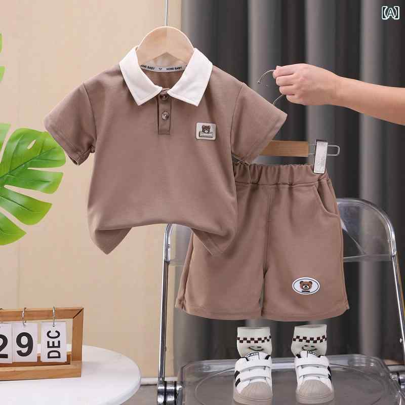 ・カテゴリ: 子供服セット・性別: メンズ・スタイル: カジュアル・セット内容: トップス、パンツ（2点セット）・対象年齢: 1〜3歳（身長80〜100cm）・袖丈: 半袖・パンツ丈: 五分丈・生地加工: 柔軟加工・生地の厚さ: 薄手・柄: 無地、キャラクター・主な素材: 綿 95%・安全基準: B類・合わせ方: プルオーバー・カラー展開: ダークブラウン、アイボリー・サイズ展開: 80cm、90cm、100cm、110cm、120cm