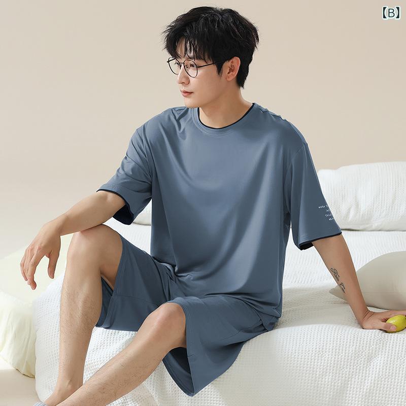 セキュアデポのパジャマ メンズ ルームウェア 部屋着 接触冷感 モダール レーヨン 半袖 3分袖 Tシャツ 短パンツ 丸首 プルオーバー 通気性 伸縮性 涼しい 吸汗 速乾 薄手 軽運動 カジュアル アウトドア 春夏秋用 夏 秋用｜アングル2