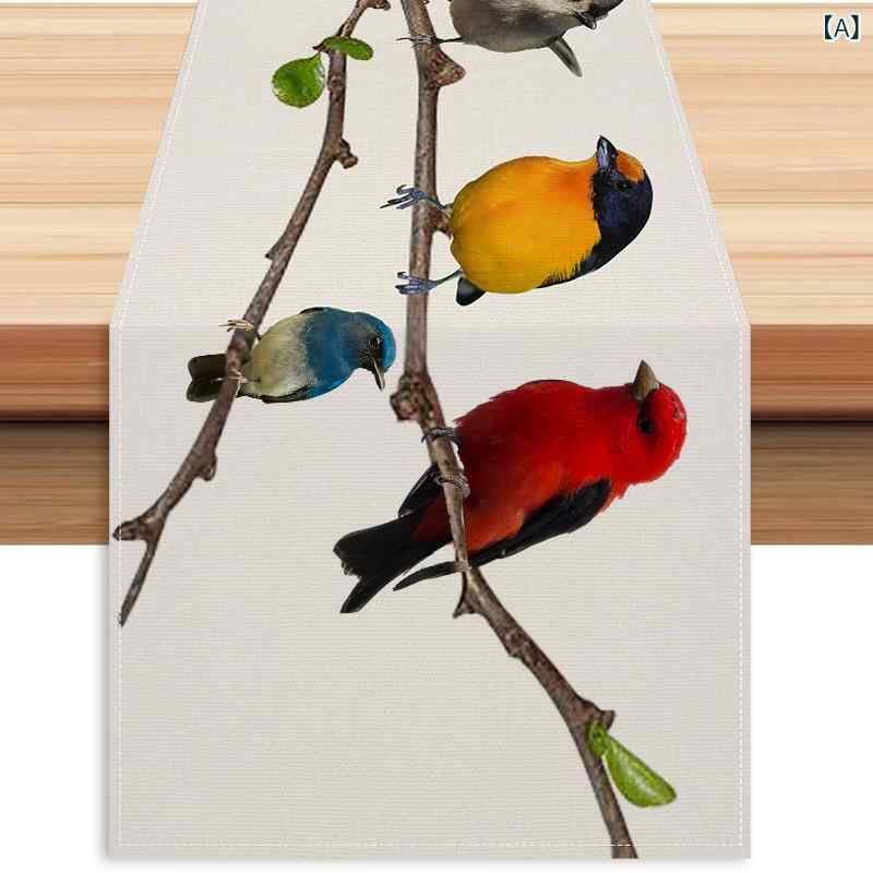 Camino de Mesa, Estilo Lino, Toque de Lino, Repelente al Agua, Elegante, Patrón de Aves, Botánico, Colorido, Decoración de Mesa, Mantel de Centro de Mesa de Fiesta — vista 2