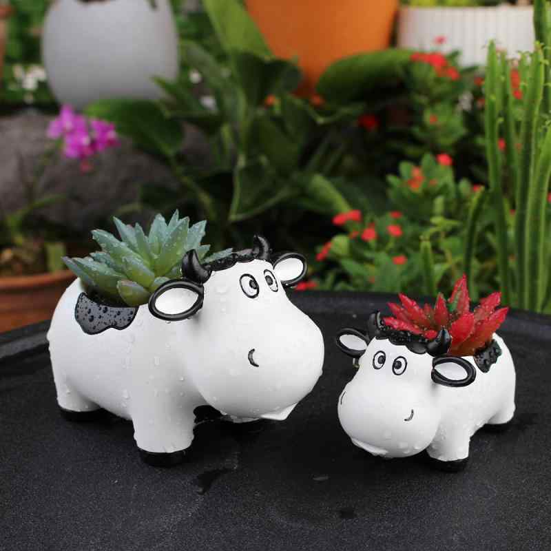 花盆 ガーデニング 植木鉢 プランター 樹脂製 2個セット かわいい ウシ 鉢カバー 卓上 インテリア キャラクター 耐熱 割れにくい 丈夫 オフィス 自宅 園芸 バルコニー