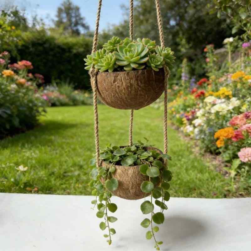 花盆 吊り下げ 植木鉢 ハンギングプランター 椰子 天然ココナッツシェル 観葉植物 鉢カバー 吊り鉢 壁掛け ガーデニング 室内 屋外 おしゃれ 吊り下げロープ付き