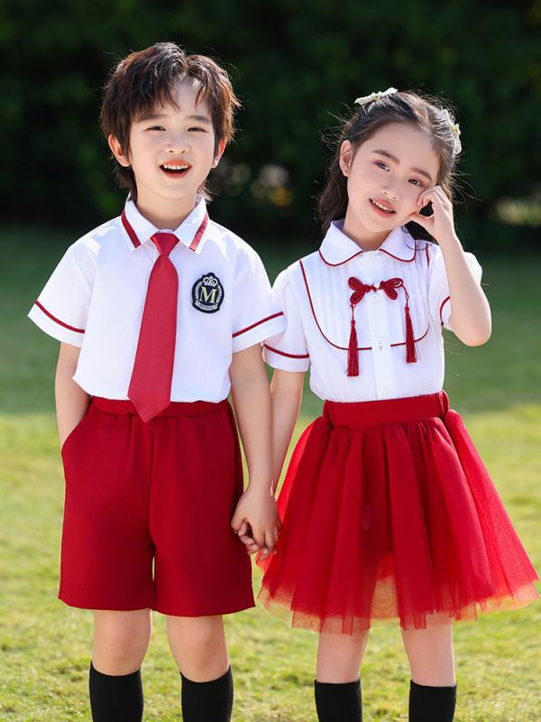 制服 キッズ ジュニア 半袖 セットアップ 男女兼用 シャツ パンツ スカート 英国風 合唱団 発表会 運動会 コットン 爽やか カジュアル 通学