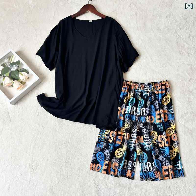 ・カテゴリ: Tシャツ&ショーツセット・スタイル: シンプルレジャー・主な素材: レーヨン95%以上・厚み: 薄手 (101-120g/平方メートル)・ネックライン: Vネック・袖丈: 三分袖・パンツ丈: ショーツ・カラー展開: ブラック（パイナップル柄、鉄塔柄、星柄、うさぎ柄）・サイズ展開: 均一サイズ（90-160）・性別: メンズ・使用シーン: 屋外、ホーム
