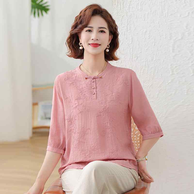 Tシャツ レディース 春夏 薄手 五分袖 刺繍 シルク調 襟付き シャツ ブラウス ゆったり 接触冷感 シニア ミセス 母親 祖母 トップス カットソー プルオーバー ピンク ブルー カジュアル 快適 涼しい