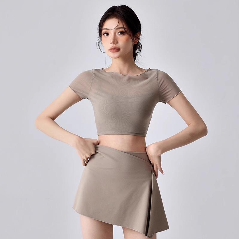 Tシャツ レディース カップ付き ヨガウェア 半袖 シースルー 切り替え 速乾 フィットネス プ拉提ス ストレッチ スポーツウェア スリム おしゃれ
