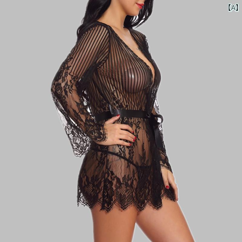 セキュアデポのパジャマ レディース セクシー 深Vネック バックオープン レース サテン ウエストベルト 部屋着 ルームウェア キャミソール ワンピース ブラック｜アングル2