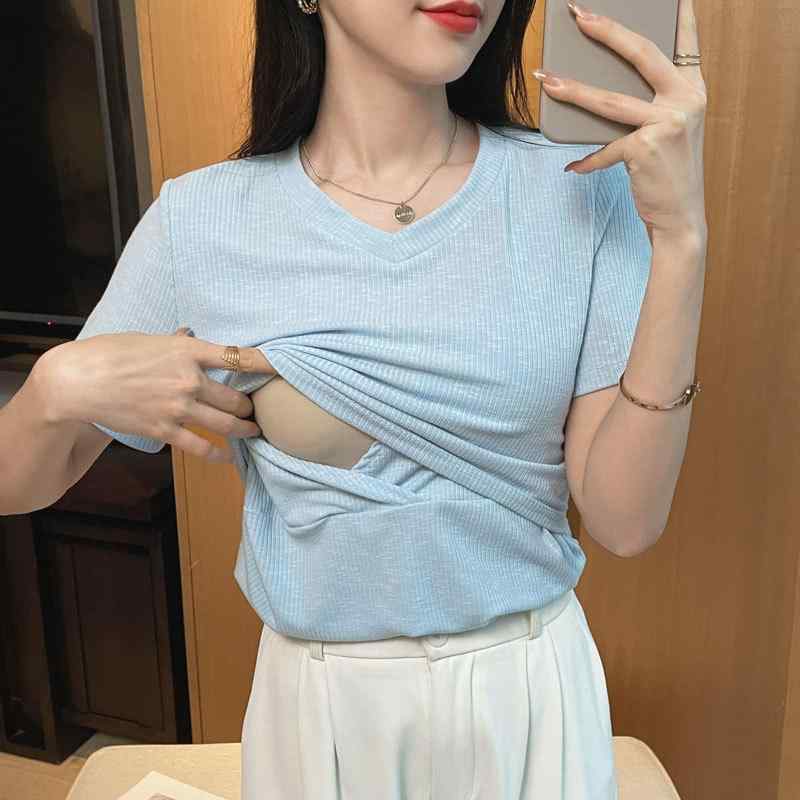 ・カテゴリ: Tシャツ・スタイル: カジュアル、ストリート、韓国風・主な素材: 綿（95%以上）・カラー展開: ピンクブルー（授乳口付き）、ブラウン（授乳口付き）・サイズ展開: M、L、XL、XXL・シルエット: ルーズフィット・袖型: レギュラースリーブ・ネックライン: Vネック・袖丈: 半袖・柄: 無地