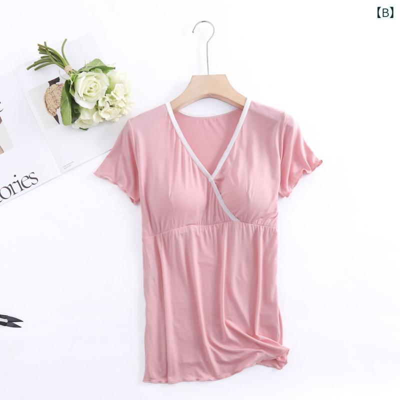 セキュアデポのTシャツ レディース 授乳服 マタニティ トップス 半袖 接触冷感 モダール 伸縮性 通気性 薄手 ルームウェア 産前 産後 クルーネック フリル袖 切り替え 無地 かわいい カジュアル｜アングル3
