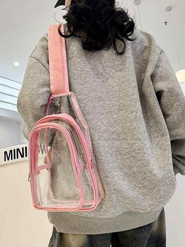 ・カテゴリ: ボディバッグ・カラー展開: ブラック、グレー、パープル、ピンク・スタイル: ストリートトレンド・素材: PVC・裏地素材: PVC・開閉仕様: ファスナー・硬度: 中・外ポケットの種類: 立体ポケット・適用シーン: カジュアル、旅行