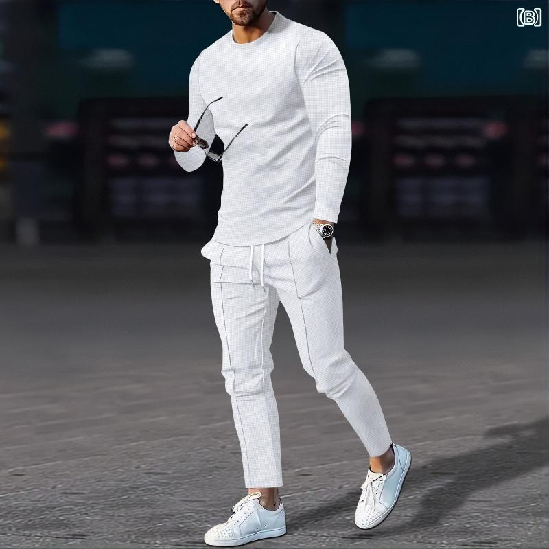 セキュアデポのTシャツ メンズ 秋物 長袖 ロングパンツ 2点セット 華夫格 ワッフル生地 クルーネック 丸首 無地 カジュアル 部屋着 ルームウェア セットアップ コットン混紡 軽量 通気性 快適｜アングル2