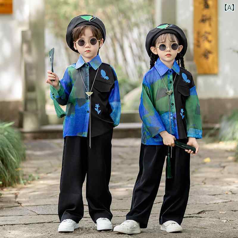 セットアップ キッズ 男女兼用 チャイナドレス 長袖 唐装 漢服 トップス ロングパンツ 2点セット 子供服 秋物 民族衣装 かわいい エスニック 中華風 おしゃれ カジュアル