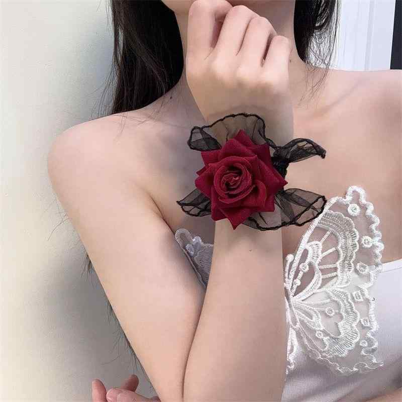ブレスレット レディース レース リストバンド バラ 花モチーフ ゴシック ロリータ ファッション 手首 飾り レース アクセサリー 披露宴 結婚式 黒 白 2個セット