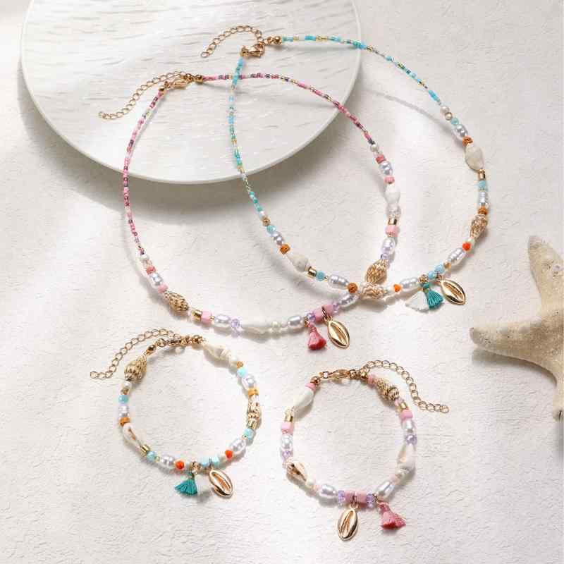 ネックレス レディース 手首飾り セット 多層 レイヤード ビーズ パール 砕石 ファッション アクセサリー ピンク ブルー