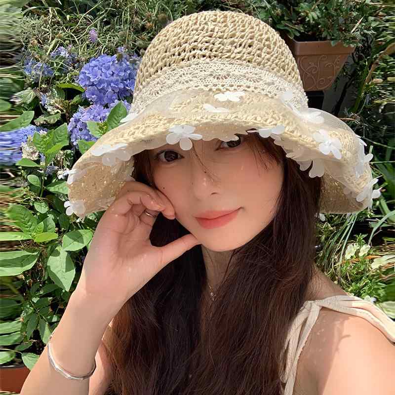 麦わら帽子 レディース 春夏 遮光 日よけ UVカット 紫外線対策 つば広 通気性 レース フラワーモチーフ 透かし編み 折りたたみ 園芸 ガーデニング 旅行 海 ビーチ リゾート