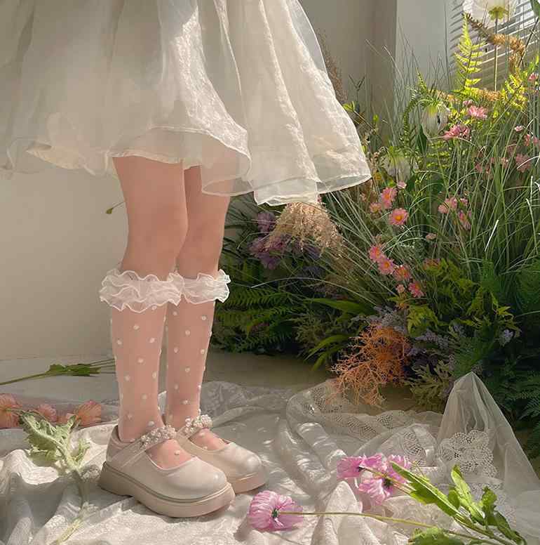 靴下 キッズ 女の子 ベビー 吸汗 二重 オーガンジー レース ドット柄 水玉 フリル ...