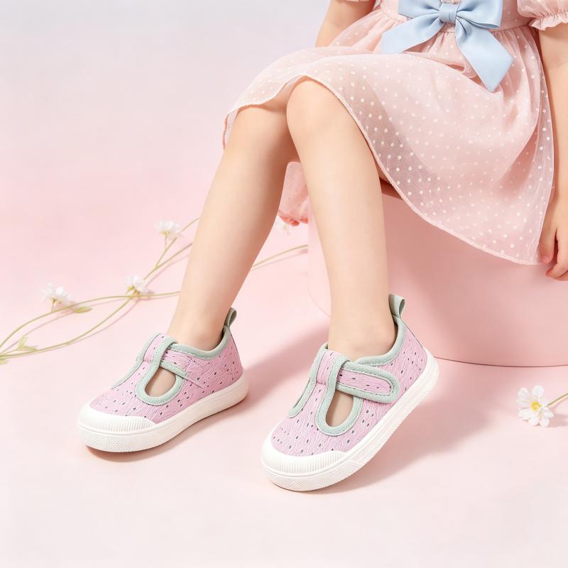 キャンバスシューズ 女の子 キッズ 子供 通気性 滑り止め ぺたんこ フラット ドット柄 配色 切り替え Tストラップ 面ファスナー ローカット 春秋 カジュアル 履きやすい かわいい