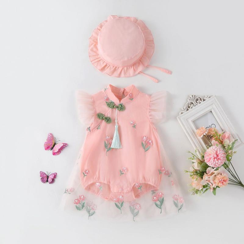 ロンパース ベビー 女の子 チャイナドレス風 半袖 薄手 春夏 かわいい 中華風 刺繍 ワンピース カバーオール 赤ちゃん 子供服 出産祝い お出かけ