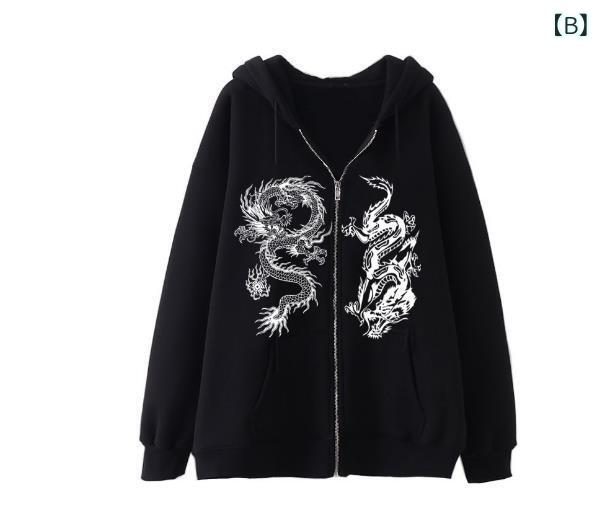 パーカー レディース ジップアップ 裏起毛 フード付き ドラゴン柄 龍プリント アウター 長袖 ゆったり オーバーサイズ 暖かい 厚手 ストリート系 秋冬 おしゃれ カジュアル 部屋着 secure-depo-11710045 セキュアデポ サンプル画像3