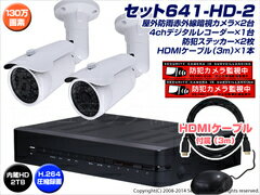 防犯カメラセット・監視カメラセット セット641-HD-2 HD-SDI ハイビジョン画質 防雨型カメラ2台と4chデジタルレコーダー 1