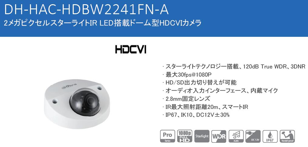 DH-HAC-HDBW2241FN-A 2メガピクセルスターライトIR LED搭載ドーム型HDCVIカメラDahua製