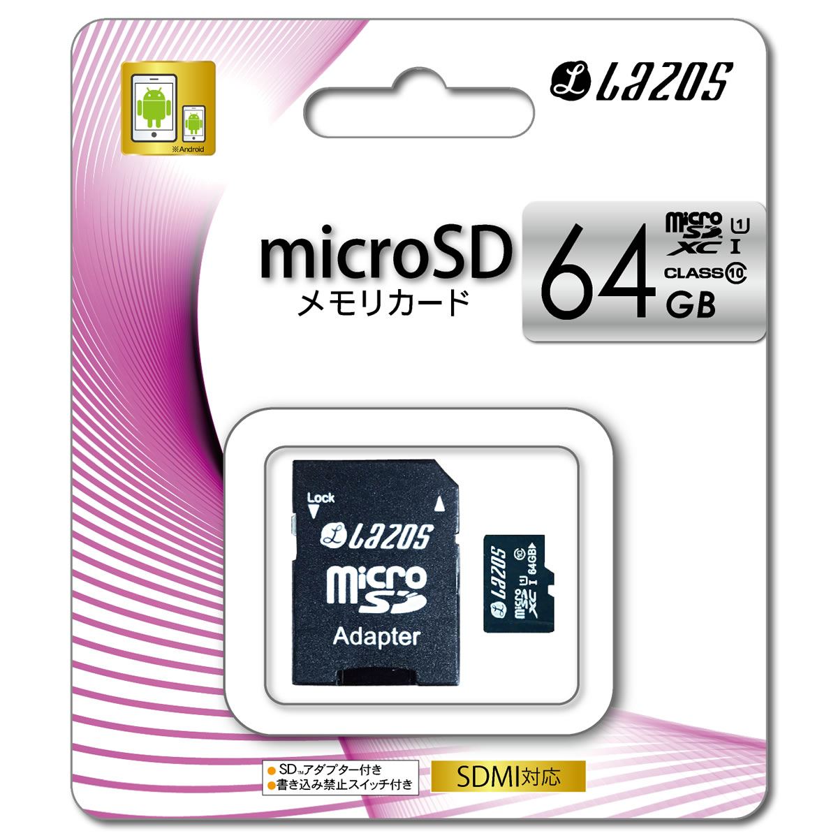 L-64MS10-U1 Lazos microSDXC[J[h 64GB CLASS10 UHS-1 A_v^[t